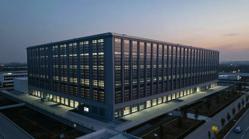 Real-World Applications in Hyperscale and Edge Computing Aerial view of a massive modern data center facility at dusk, representing global connectivity.