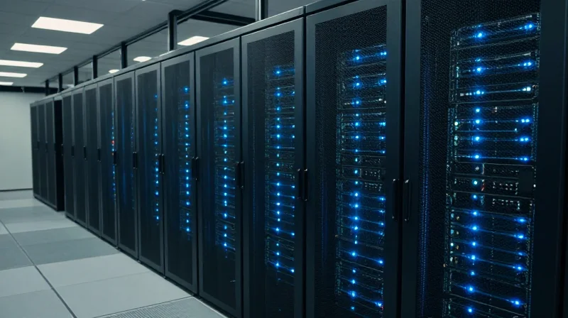 The Efficiency Paradigm: Why 400G is the New Data Center Standard A wide-angle photorealistic shot of a modern data center with rows of sleek server racks illuminated by blue LED lights.