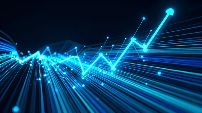 Latency Benchmarking: Speed Beyond Throughput Abstract visualization of ultra-fast data signals with flowing light trails representing low latency.