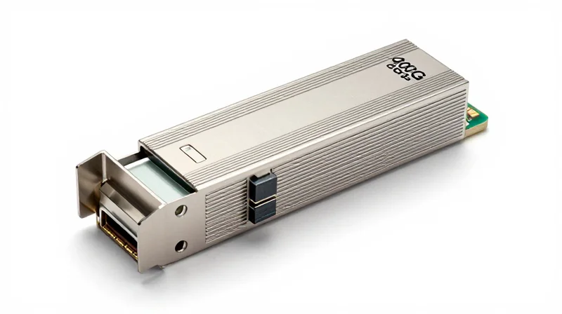 Thermal Management and Form Factor Efficiency High-resolution studio shot of a 400G QSFP-DD transceiver module showing metallic cooling fins.
