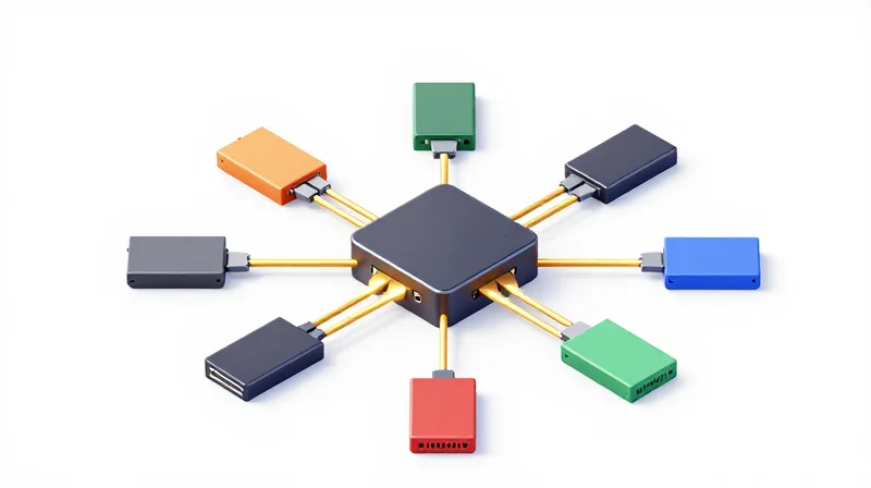 Interoperability and Seamless Global Integration Isometric view of multiple different network modules connecting into a central hub, representing universal compatibility.