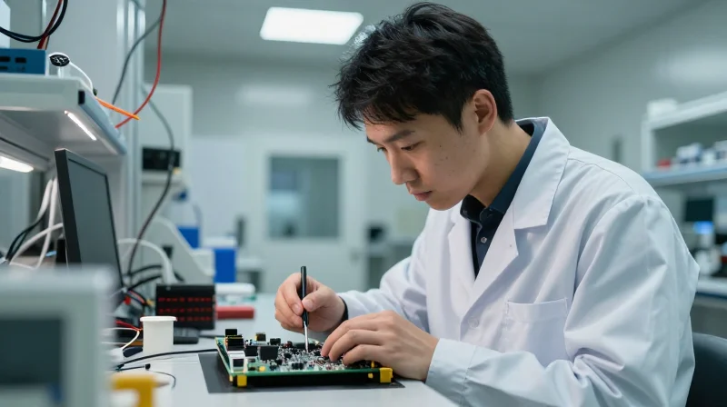 A professional engineer customizing network hardware in a specialized high-tech laboratory.
