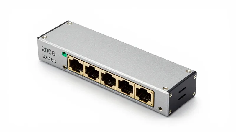 A professional studio shot of a 200G QSFP56 ER4 optical transceiver module showing its metallic casing and connector pins.