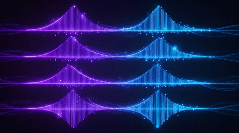 Abstract visualization of 4-level Pulse Amplitude Modulation signals with glowing data nodes and wave patterns.