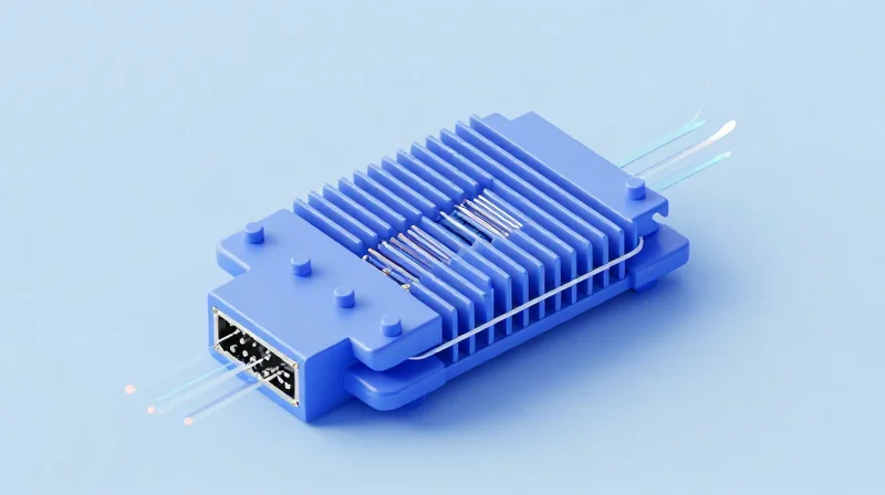 Isometric 3D illustration of a network module with heat dissipation fins and airflow paths in a server environment.