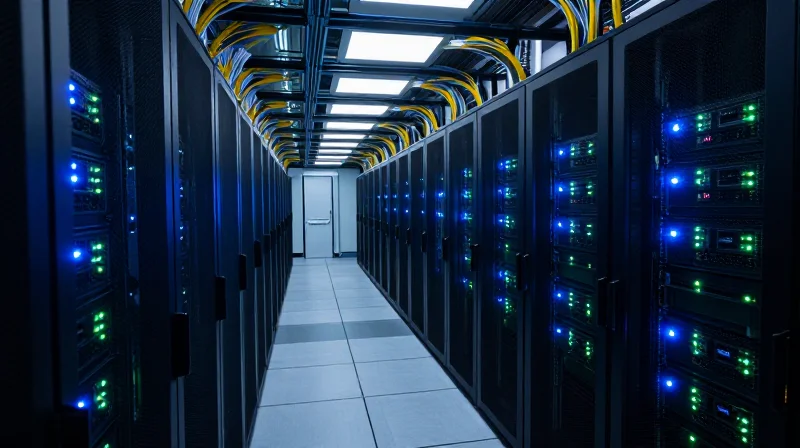 High-angle view of a modern data center with rows of server racks and glowing fiber optic cables representing connectivity.
