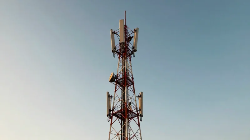 A telecommunications tower with advanced antenna equipment against a sunset sky, representing 5G infrastructure.