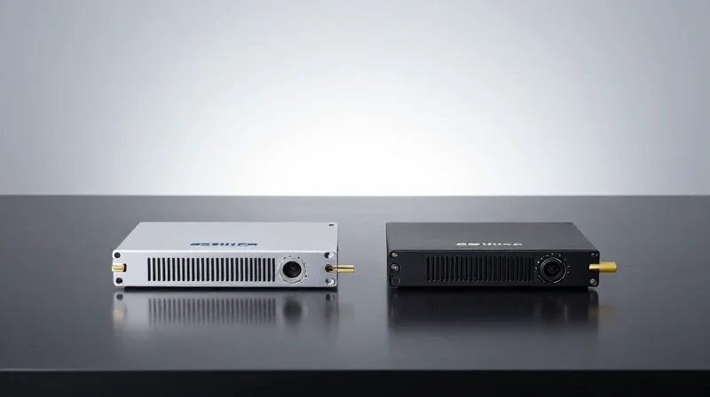 A side-by-side comparison of two different types of high-speed optical transceivers on a dark reflective surface.