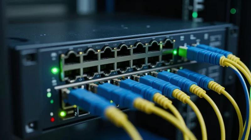 Close-up of networking hardware in a professional data center showing high reliability and stability.