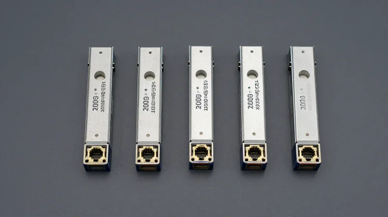 A collection of optical transceivers neatly arranged to show compatibility and variety.