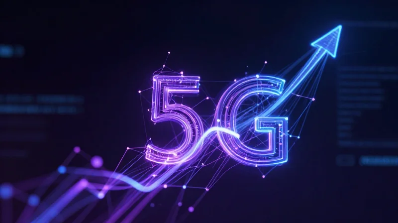 Futuristic abstract visualization of 5G and AI data flow nodes.