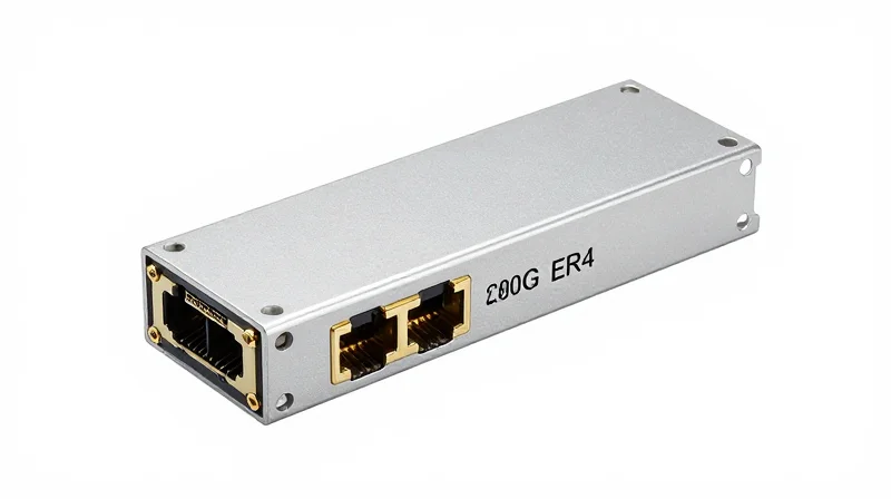 Technical Deep Dive: QSFP56 ER4 Specifications A professional high-resolution shot of a 200G QSFP56 ER4 optical transceiver module on a white background.