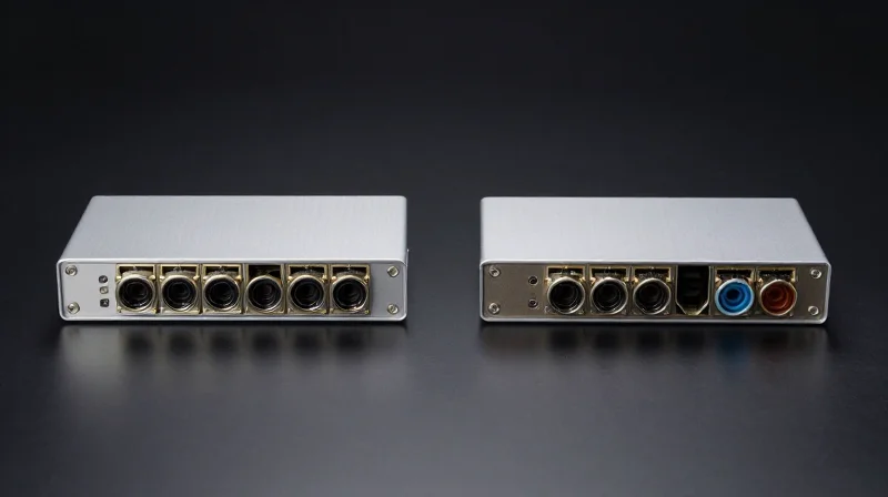 Comparing 200G QSFP56 vs. 200G QSFP-DD Side-by-side comparison of two different types of optical transceiver modules on a dark reflective surface.