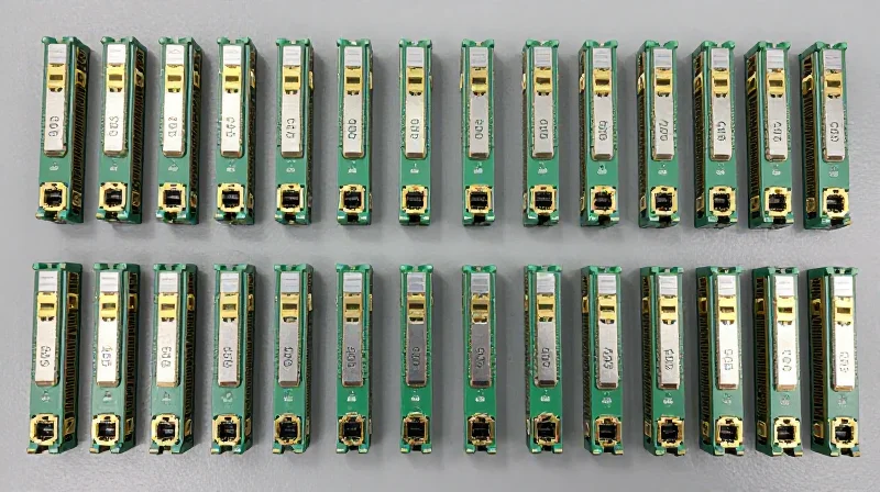 Maximizing ROI with Wholesale Procurement A neatly arranged collection of several optical transceiver modules on a modern workspace.
