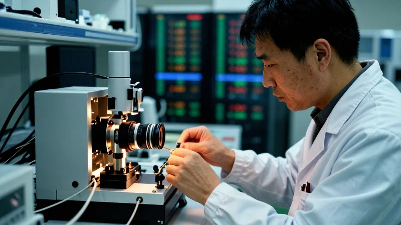 Ensuring Network Integrity: Testing and Quality Control A network engineer performing quality testing on hardware in a professional data center environment.