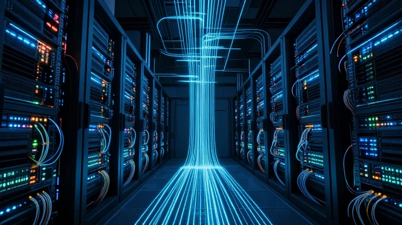 Future-Proofing Your Data Center with 200G Solutions Futuristic conceptual art showing an advanced data center with high-speed data flow and fiber connectivity.