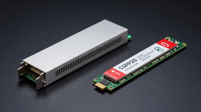 Side-by-side comparison of a large CFP module and a compact QSFP28 transceiver illustrating hardware miniaturization.