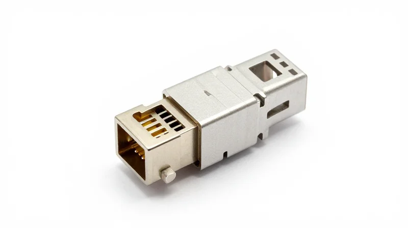 Close-up of an MPO/MTP multi-fiber connector with its distinct pin configuration and housing.