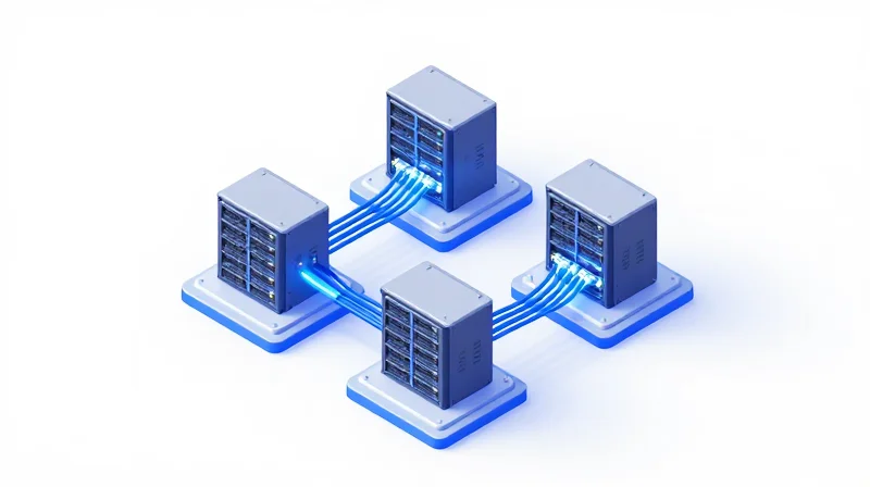 3D visualization of a modern leaf-spine data center architecture with interconnected server racks.