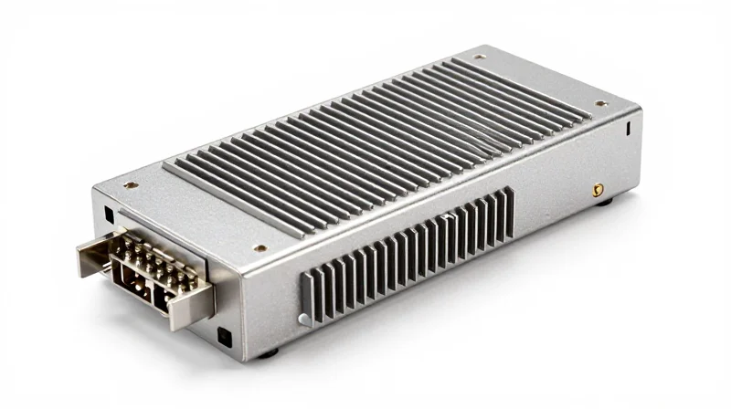 The Ubytelink Engineering Advantage Professional studio photography of a high-quality QSFP28 SR4 transceiver module highlighting its metallic finish and design.