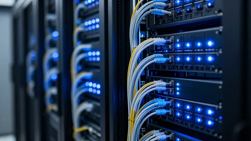 Reliability for Mission-Critical Infrastructure Modern data center server racks with blue glowing fiber optic cables representing network reliability.