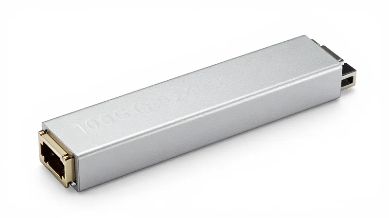 Key Technical Specifications and Performance Benchmarks Professional close-up of a 100G QSFP28 SR4 optical transceiver module showcasing high-quality metallic finish and interface details.
