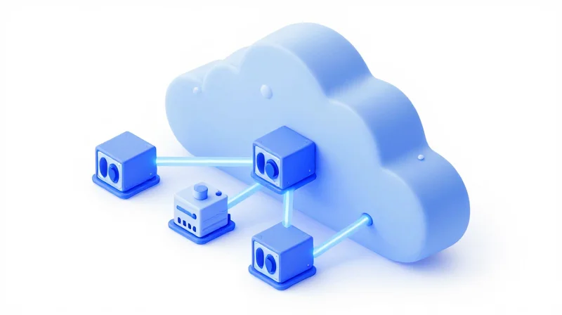 Compatibility Assurance and Rigorous Testing Standards Isometric 3D illustration of a cloud network infrastructure with connected hardware modules representing interoperability.