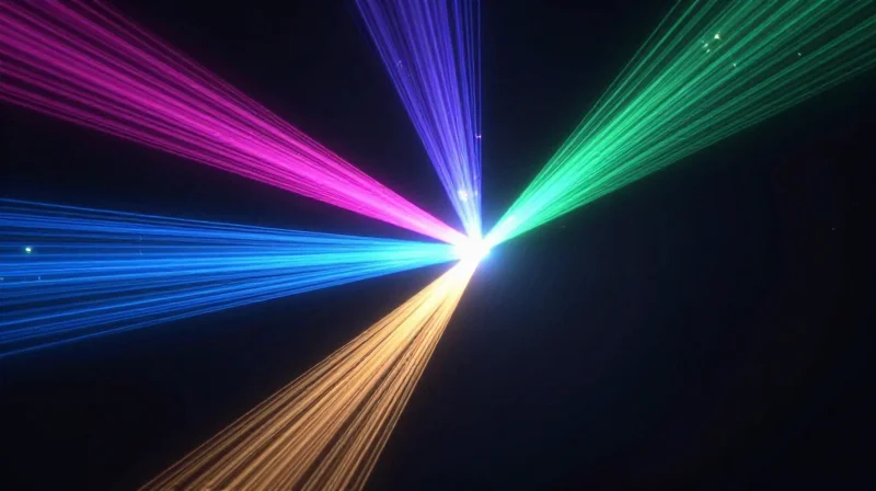 The Science of LAN-WDM Wavelengths Abstract visualization of four distinct colored light waves multiplexing together inside a fiber optic cable.