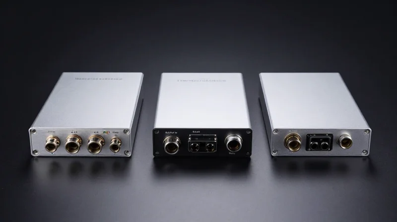 Comparative Analysis: 100G LR4 vs. CWDM4 vs. PSM4 Side-by-side comparison of three different optical modules on a minimalist surface to illustrate hardware diversity.