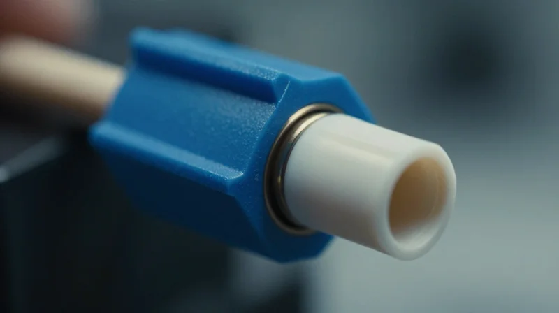 Cabling and Connectivity: SMF and LC Duplex Photorealistic close-up of a blue LC duplex single-mode fiber optic cable connector.