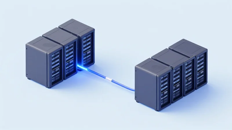 Primary Use Cases: DCI and Metro Core Networks Isometric 3D model of two data centers connected by long-distance glowing fiber lines in a city environment.