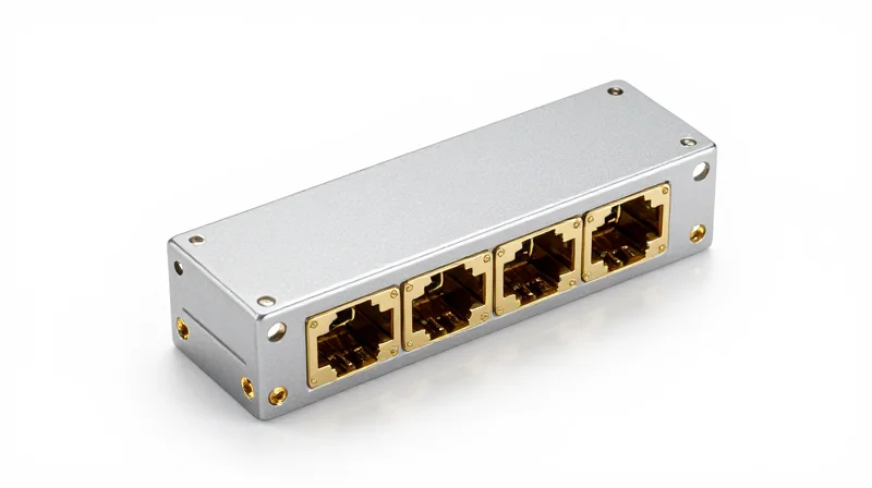 The Evolution of 100G LR4 Technology A professional product photograph of a sleek 100G LR4 QSFP28 optical module with a high-end metallic finish.