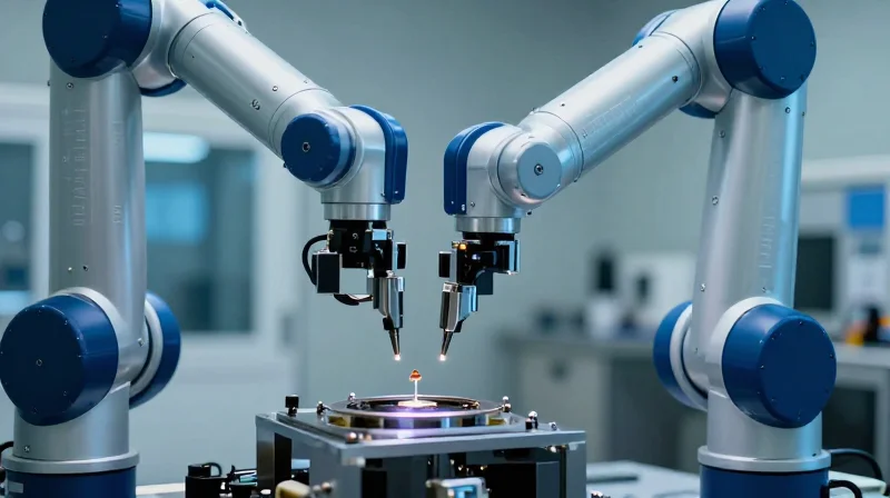 Ubytelink Quality Engineering: Setting Industry Standards Macro photography of an automated robotic arm assembling high-precision optical components in a cleanroom.