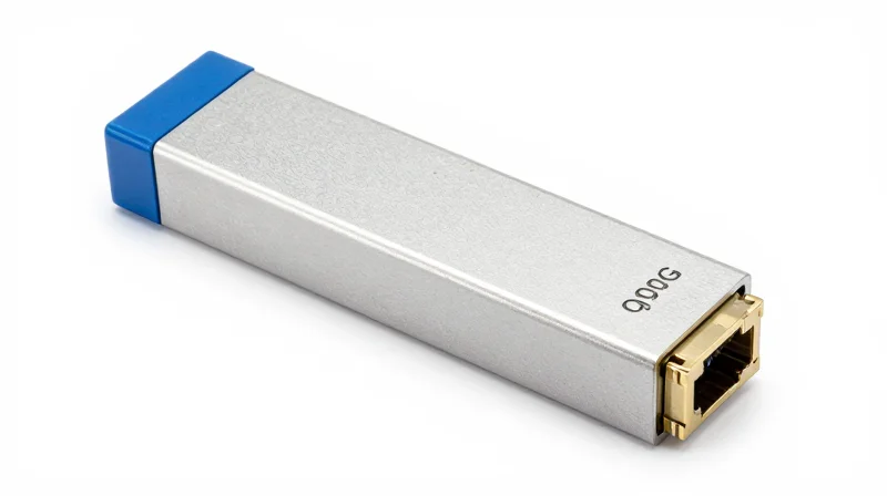 A 100G QSFP28 CWDM4 optical transceiver module with a metallic finish and blue pull tab.
