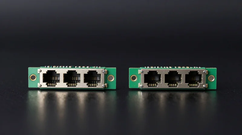 Two optical transceiver modules placed side-by-side on a professional dark studio background.