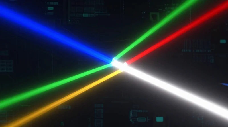Abstract visualization of four colored light beams merging into a single concentrated stream representing CWDM.