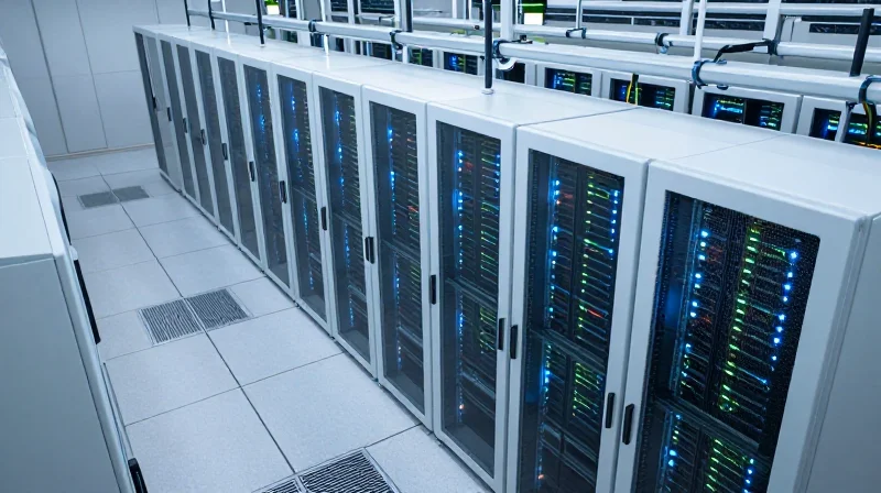 Modern data center server racks with blue lighting, showing high-density networking infrastructure.
