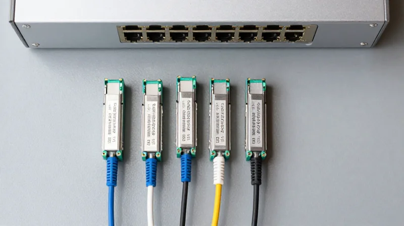 Flat lay of network fiber cables and QSFP28 modules arranged neatly on a technical workspace.