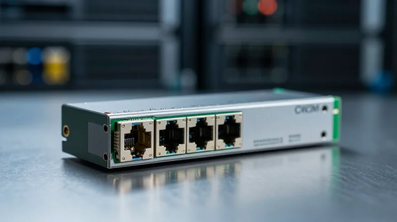 The Rise of 100G CWDM4 Economy in Modern Data Centers A professional close-up of a 100G CWDM4 optical transceiver module resting on a metallic surface in a server room setting.