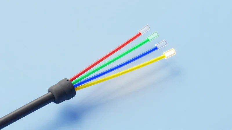 Architectural Differences: CWDM4 vs. PSM4 and SR4 Isometric 3D illustration showing a single fiber split into four distinct color wavelengths representing CWDM4 architecture.
