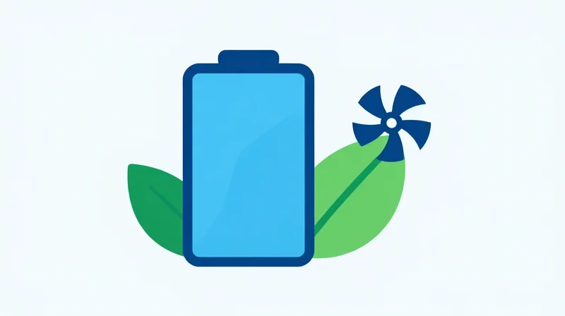 Power Consumption: The Hidden Cost of Cooling Flat vector illustration of a battery symbol integrated with a cooling leaf, representing energy efficiency and low wattage.