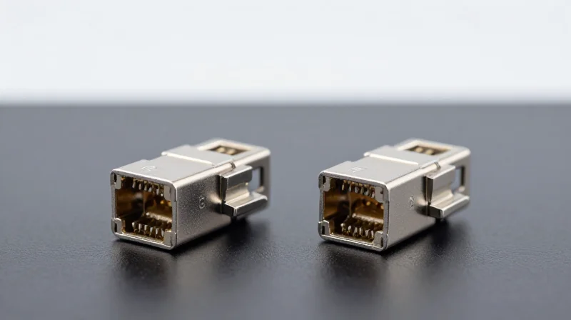 Cabling Infrastructure: MPO vs. LC Duplex Cost Savings Side-by-side comparison of a multi-fiber MPO connector and a standard LC duplex connector on a professional workspace.