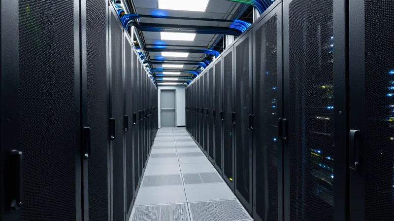 Reach and Reliability: Solving the 2km Distance Challenge Photorealistic view of a long data center corridor with fiber optic cables glowing and extending far into the distance.