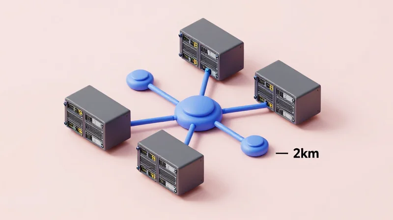 Isometric 3D illustration of a modular network architecture representing 100G CWDM4 lanes.