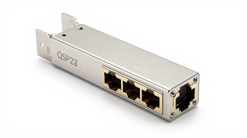 High-quality professional shot of a QSFP28 optical transceiver module.