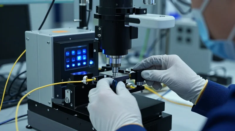 Professional lab scene showing high-tech optical transceiver testing.