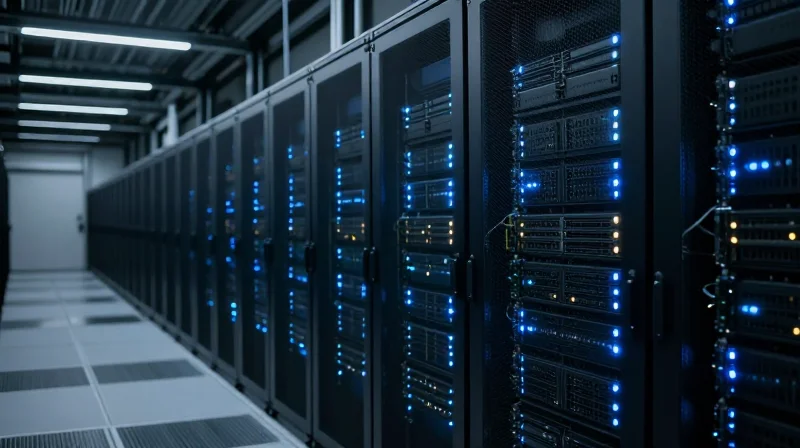 Cinematic shot of a modern data center with server racks.