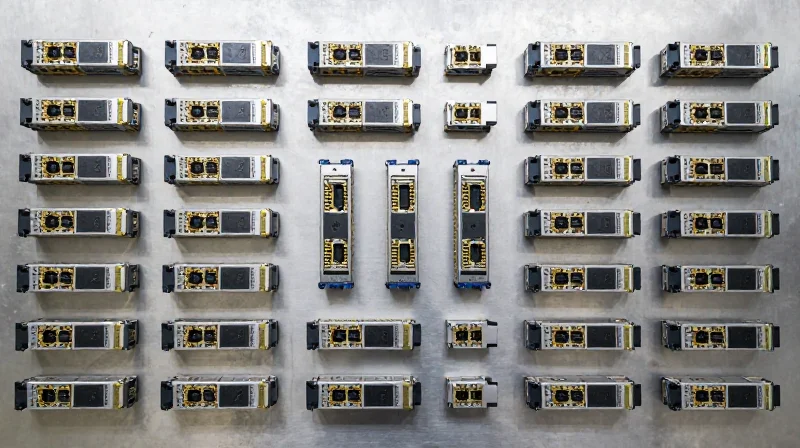 The Economics of Wholesale: Why Bulk Buying is Crucial in 2026 A large, organized collection of optical transceivers arranged in a flat lay grid to represent wholesale procurement.