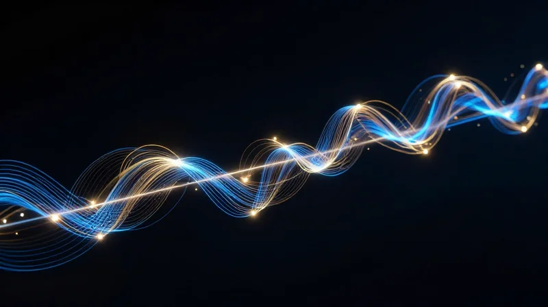 The Evolution of 100G Long-Reach Standards Abstract data visualization showing the evolution of fiber optic technology with flowing light trails and nodes.