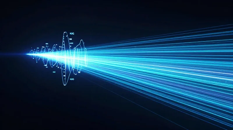 Abstract digital visualization of high-speed light data streams transitioning from legacy speeds into a high-density 100G fiber optic beam.